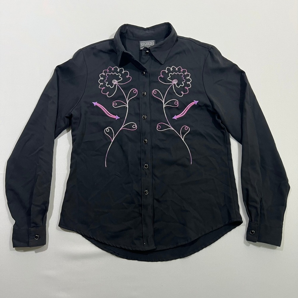 Vintage Roughrider Western Snap Shirt Floral Embroidered Black Womens Small